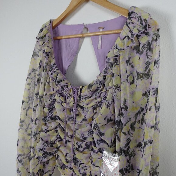 Free People Mabel Printed Blouse Top Women's XS Purple Yellow Open Back - Picture 8 of 16